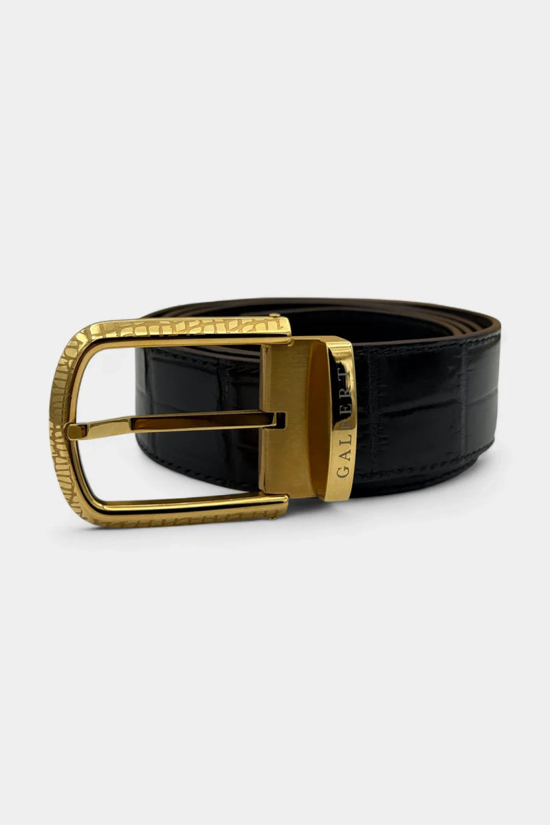 Ceinture en Cuir de Crocodile Noir et Boucle Or Galvanisé - Galbert Paris